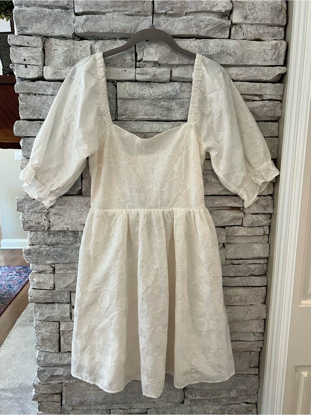 FRNCH Paris White Floral Jacquard Puff Sleeve Dress Womens Size Small
